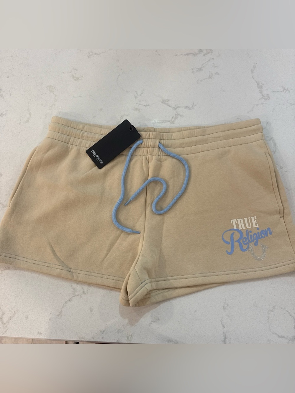 True Religion Tan Shorts with Light Blue Drawstring and Logo